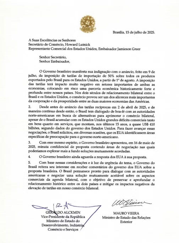 Em carta aos EUA, governo Lula cobra resposta sobre negociação e manifesta 'indignação' com tarifaço de Trump