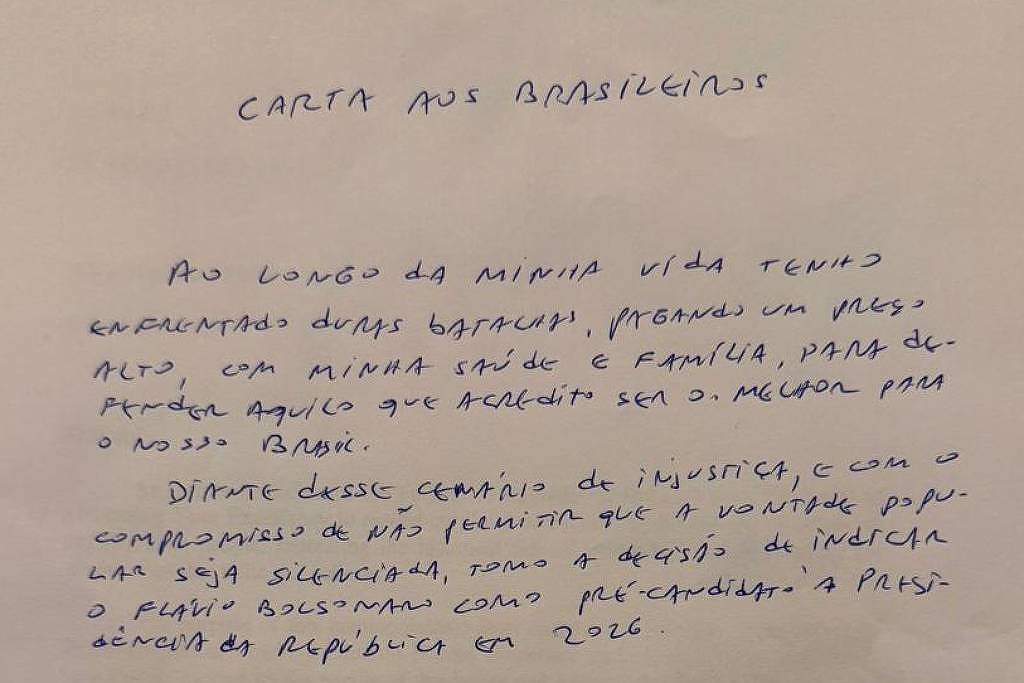 Bolsonaro confirma em carta indicação de Flávio como candidato à Presidência: ‘Decisão consciente e legítima’